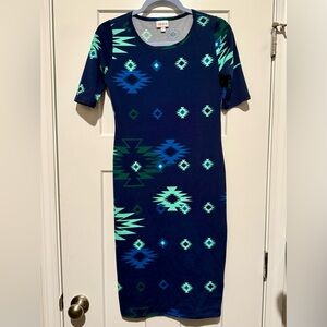 LuLaRoe Blue and Green Geometric Midi Dress